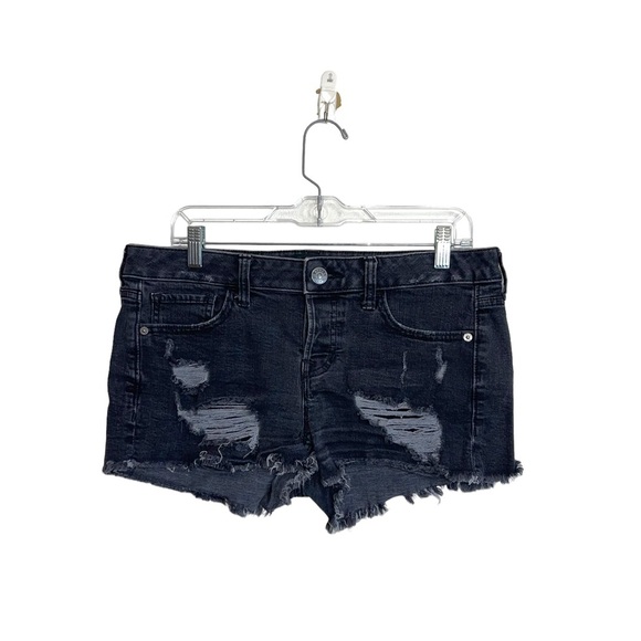 Express Washed Black Mid-rise Button Fly Distressed Denim Shorts 8 Women’s - Picture 1 of 12